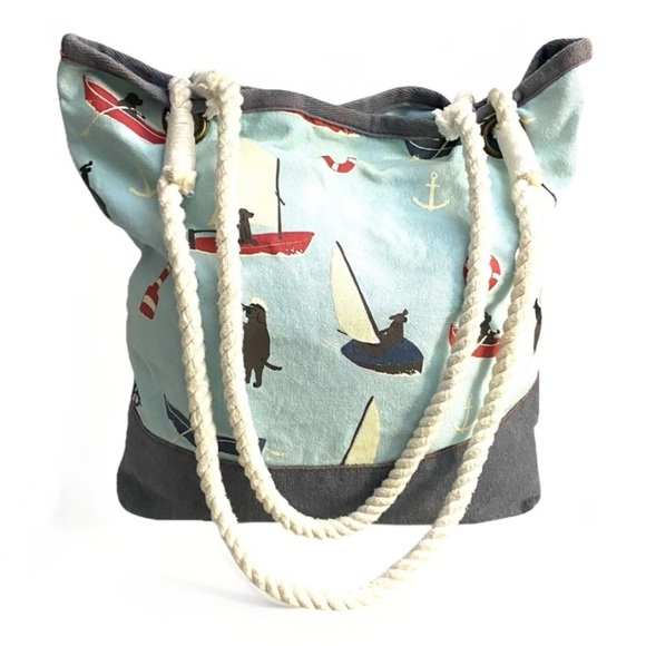 Hatley Nautical Beach Tote Sailing Dogs Rope Handles 100% Cotton Boats Sailor - Picture 1 of 10